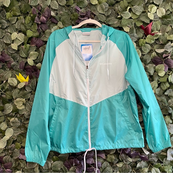 Columbia Women’s Lightweight Hooded Windbreaker Jacket Mint Till Blue size L - Picture 5 of 5